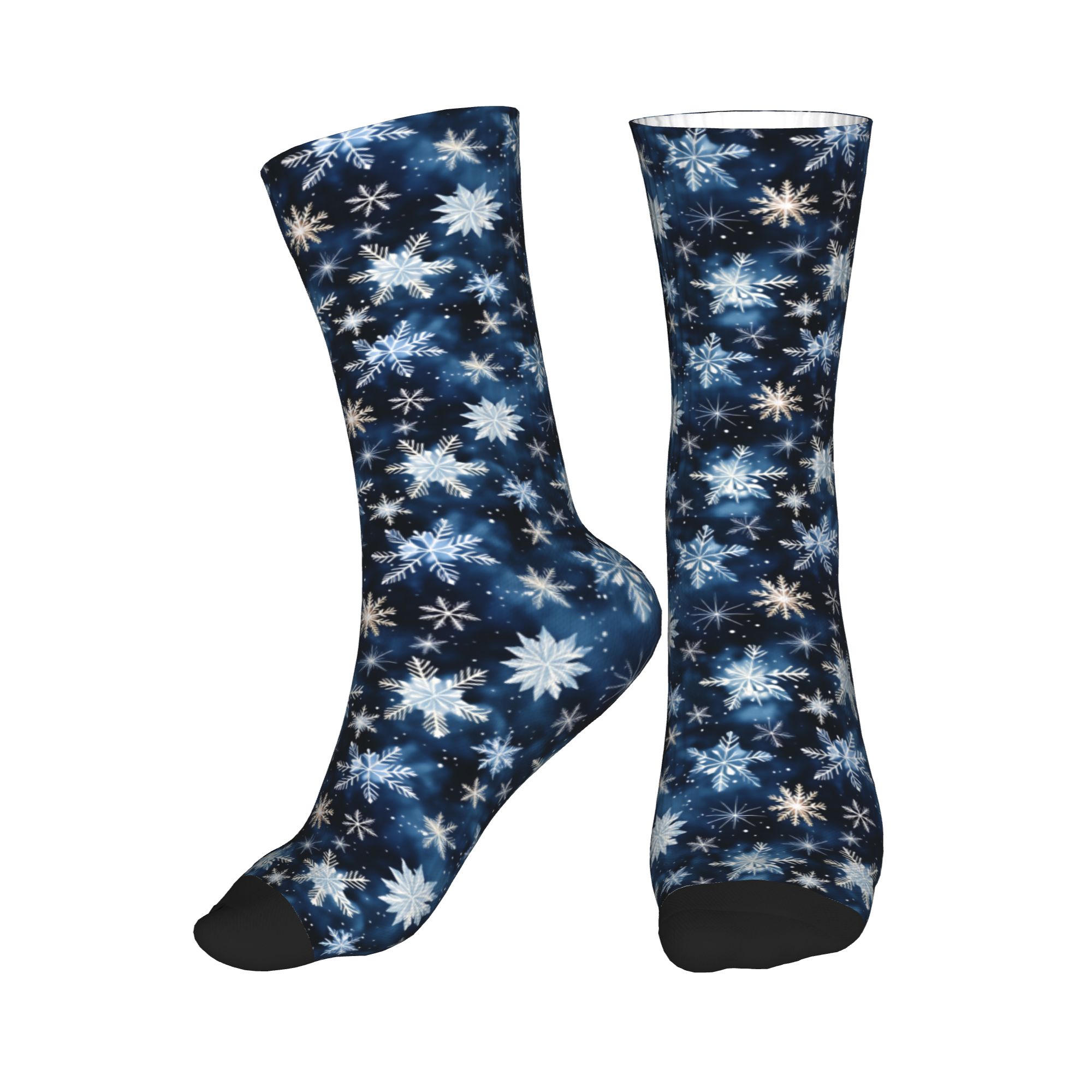 Dress Sock Men - ネイビーブルーの雪の結晶パターンメンズクルーソックスユニセックス楽しい3Dプリントドレスソックス