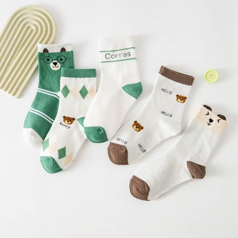 Cotton Crew Sock Pack - 5足セットの幼児用、かわいいクマ柄の綿素材ソックス。柔らかく伸縮性があり、通気性に優れた、普段使いにぴったりの子供用クルーソックス。