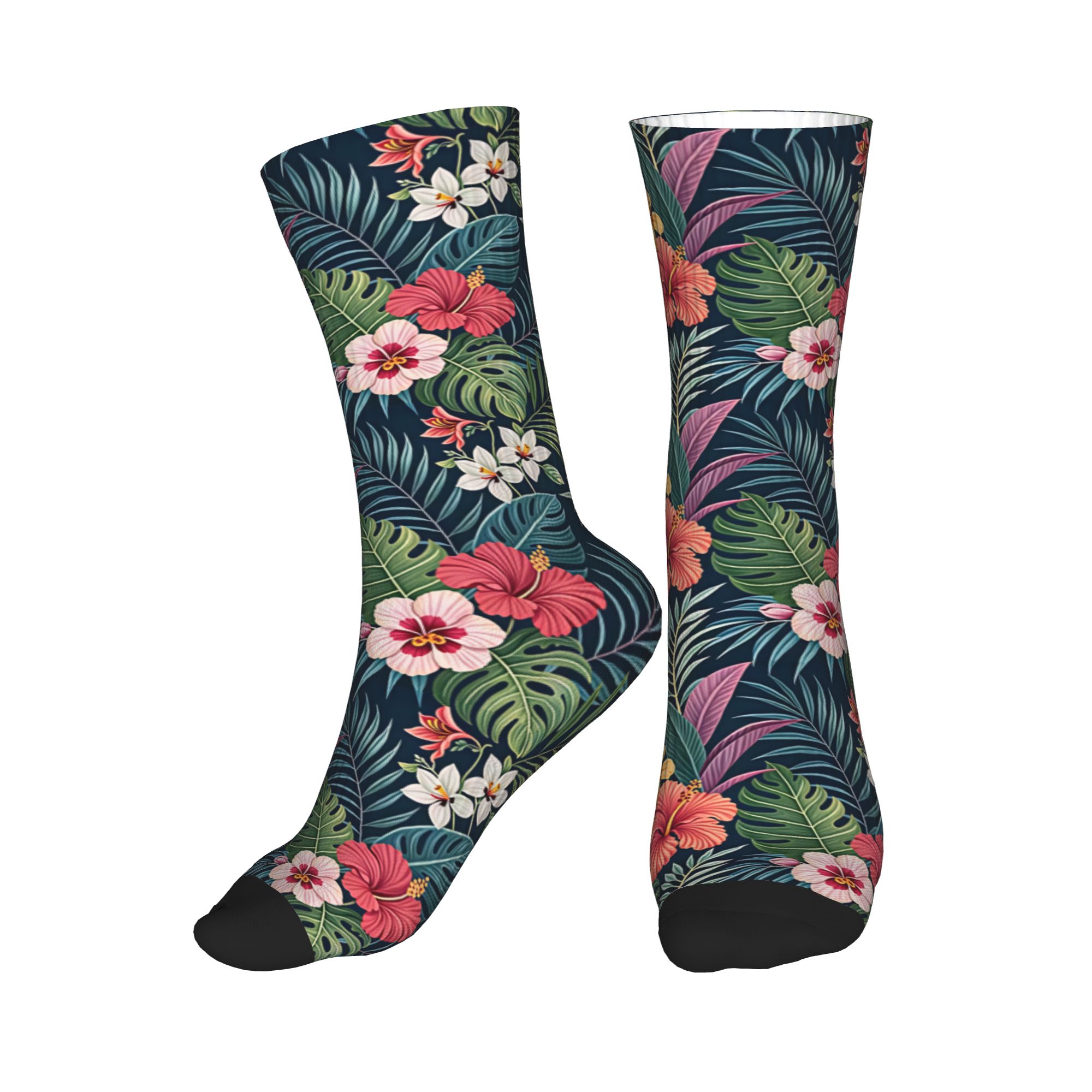 Dress Sock Men - 楽しいメンズハワイアンハイビスカスプルメリアトロピカルフローラルプリントドレスソックスユニセックス快適で暖かい3Dプリントクルーソックス
