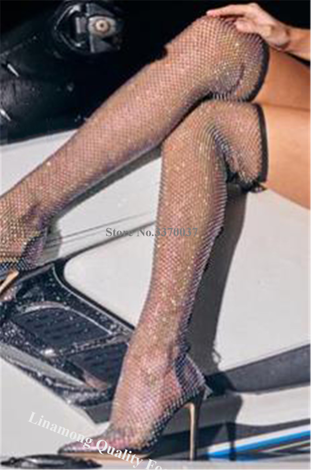 Linamong ラインストーンメッシュロングソックスブーツ - Knee High Sock Women のレビューと価格