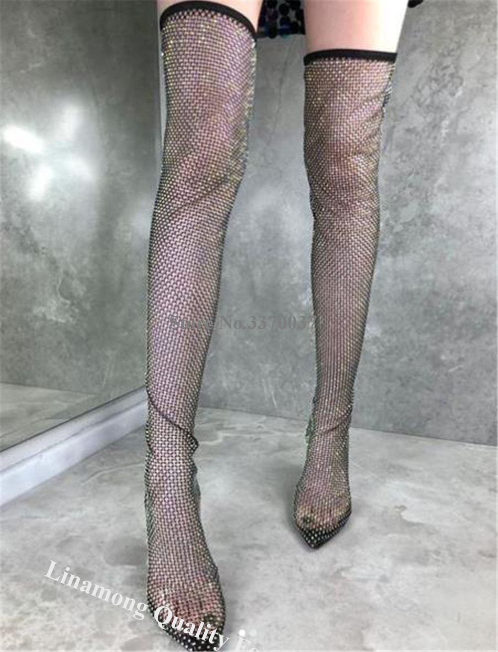 Linamong ラインストーンメッシュロングソックスブーツ - Knee High Sock Women のレビューと価格