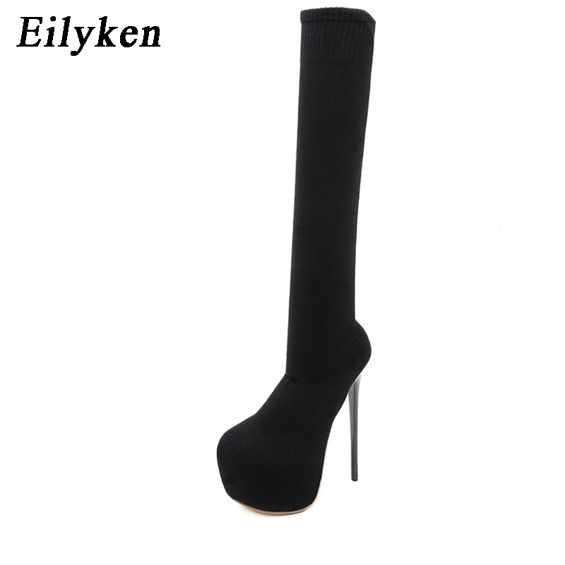 Eilyken-膝上の女性用ブーツ,丸いつま先の黒のニットシ - Knee High Sock Women のレビューと価格