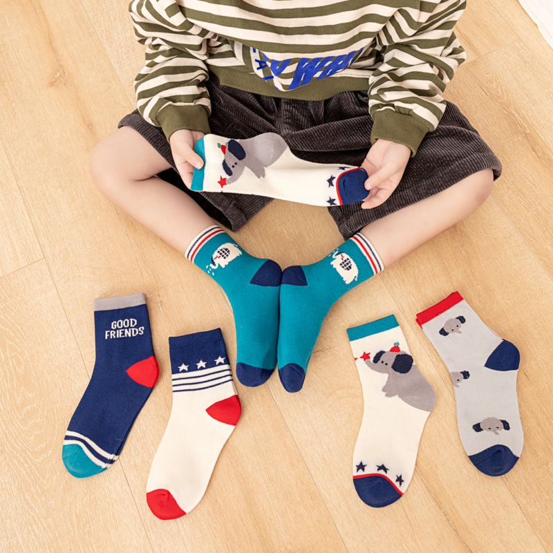 5枚組 キッズ ボーイズ ソックス 漫画の象と星のストライプ - Cotton Crew Sock Pack のレビューと価格