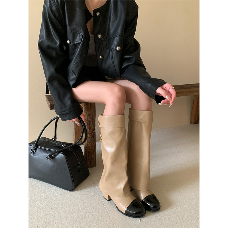 フレンチスタイルの小さな香りのする丸いつま先のカラーブロック - Knee High Sock Women のレビューと価格