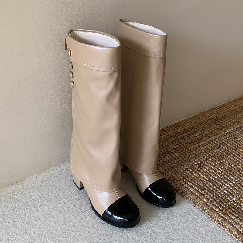 フレンチスタイルの小さな香りのする丸いつま先のカラーブロック - Knee High Sock Women のレビューと価格