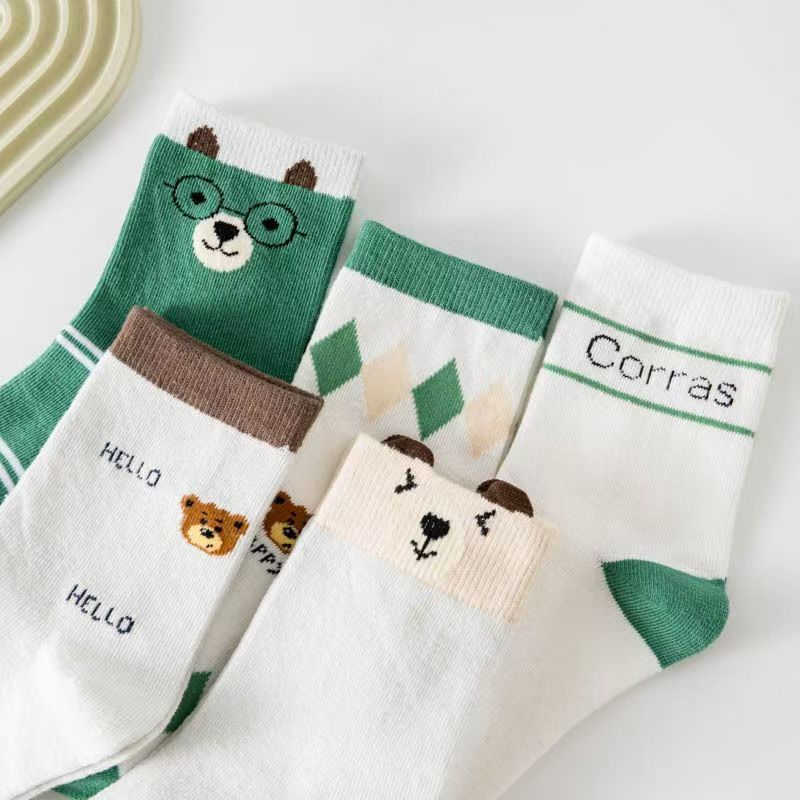 5足セットの幼児用、かわいいクマ柄の綿素材ソックス。柔らかく - Cotton Crew Sock Pack のレビューと価格